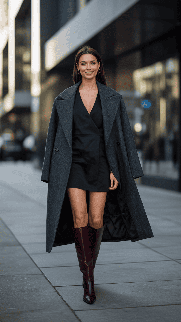 Woman wearing an oversized coat with a mini dress and knee-high boots for a trendy street style outfit
