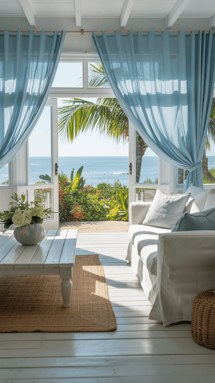 A bright coastal living room with light blue curtains, white furniture, and a view of the ocean.