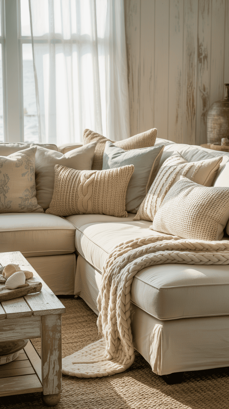 A cozy coastal living room with textured fabrics, including soft pillows and a warm throw.
