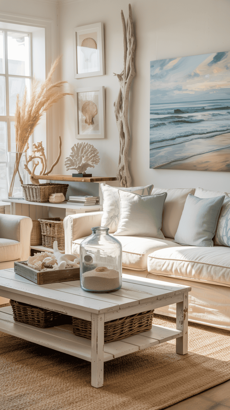 Coastal living room with beach-themed artwork and decor