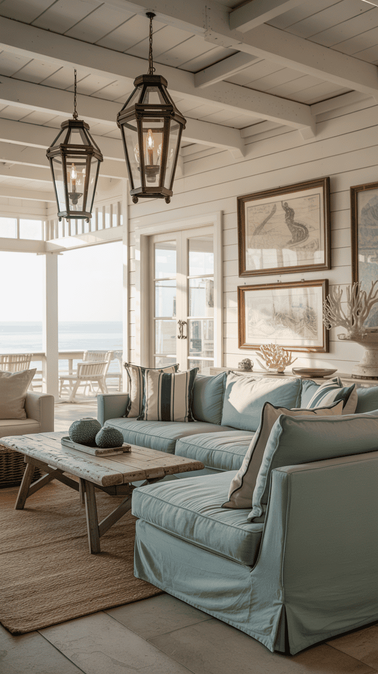 Coastal-inspired living room with lantern-style lighting fixtures
