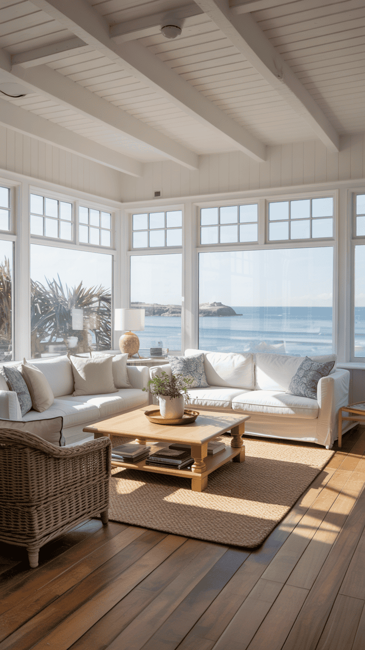 A bright coastal living room with large windows overlooking the ocean.