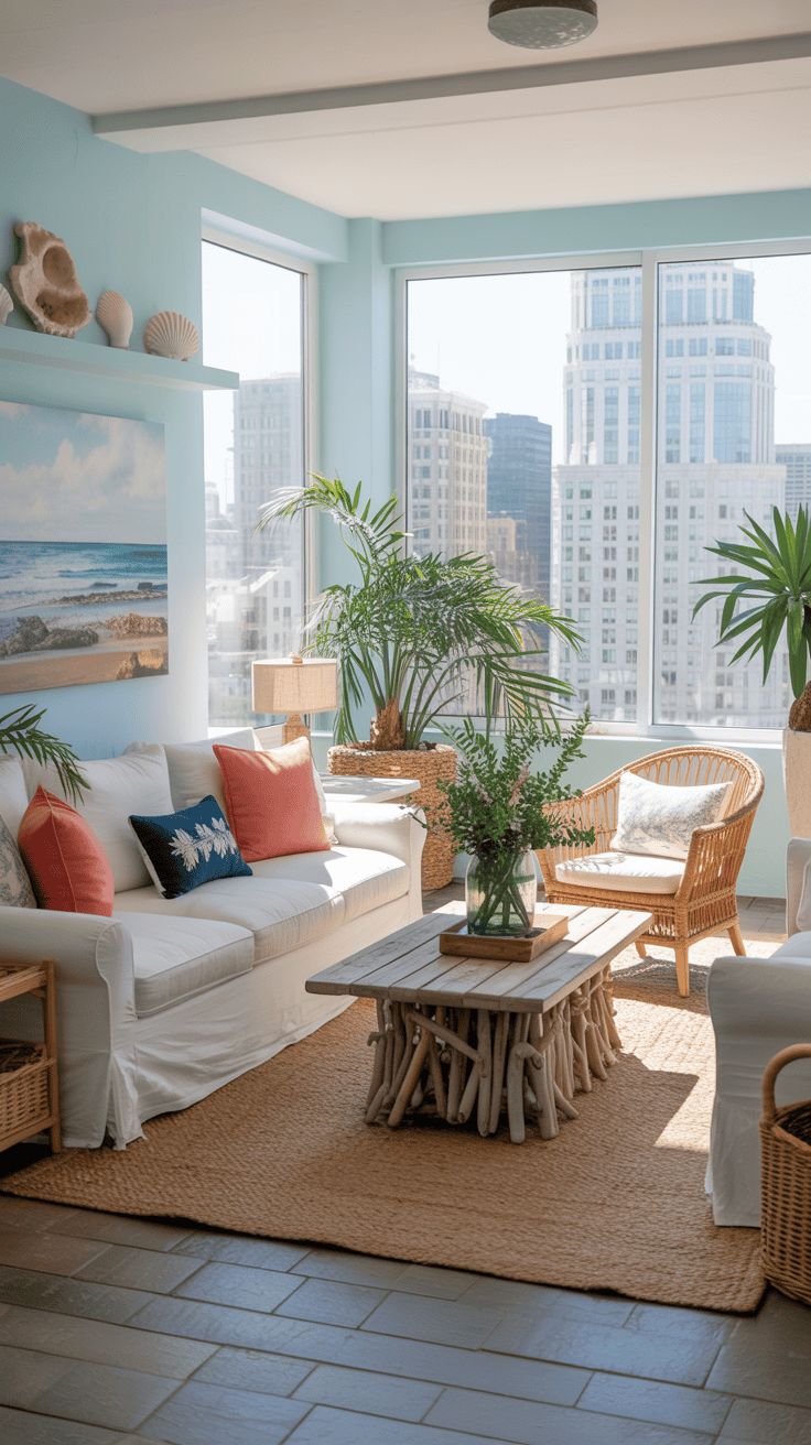 A bright coastal living room with light blue walls, comfortable seating, and beach-inspired decor.