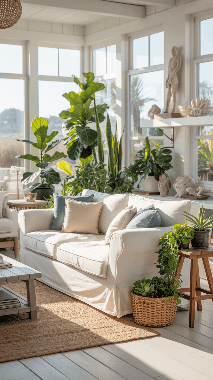 A bright coastal living room with various indoor plants, a white couch, and natural light.