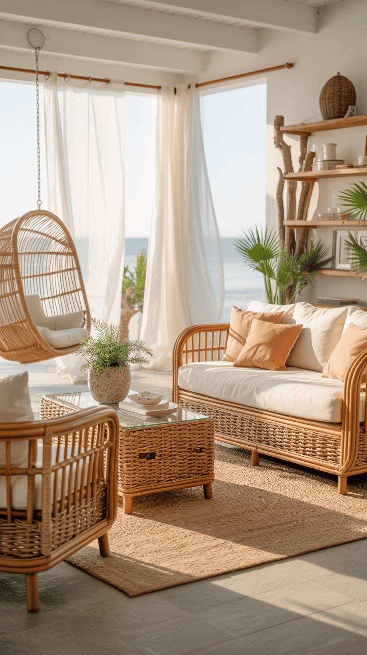 A bright coastal living room featuring rattan and wicker furniture, with a cozy atmosphere.
