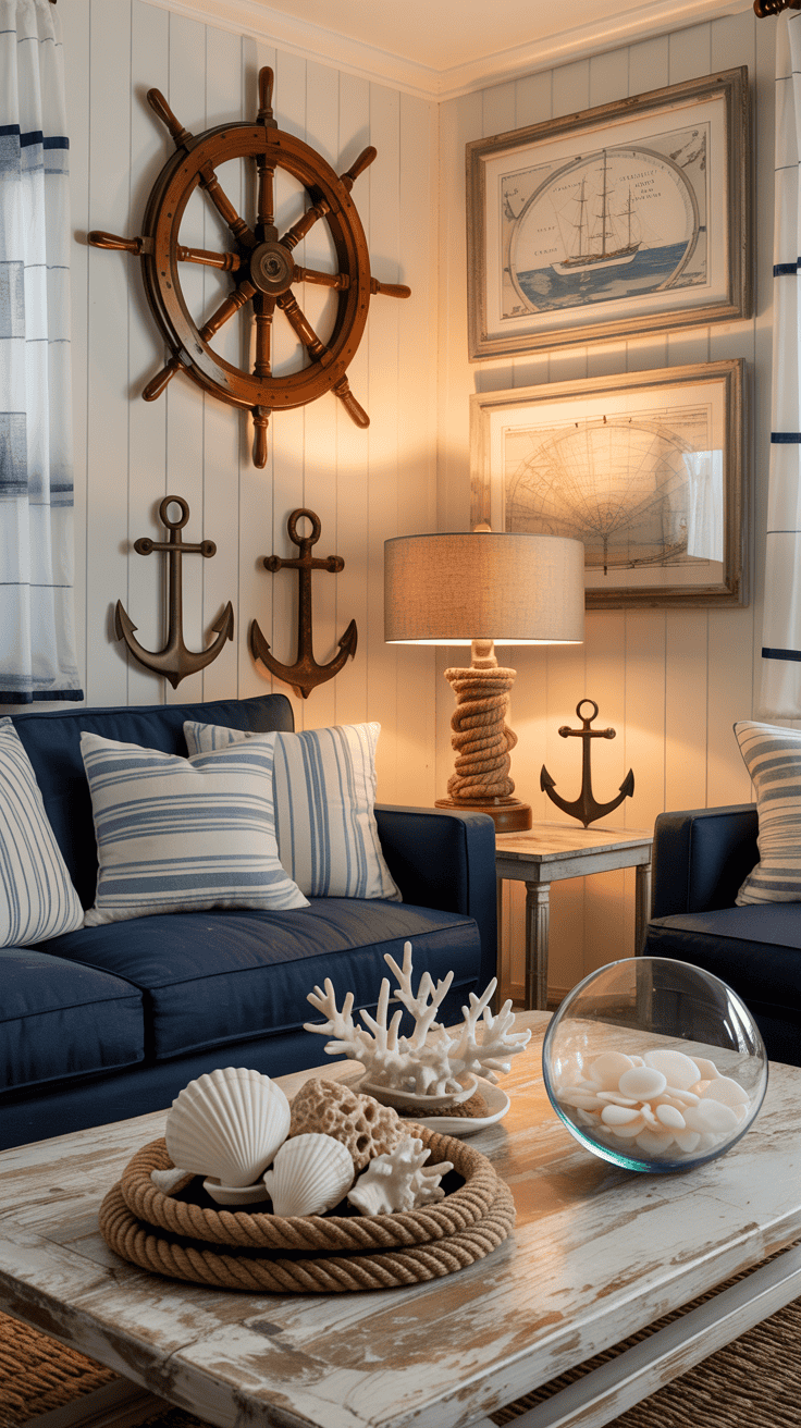 A cozy living room with nautical-themed accessories including ship wheels, anchors, and seashells.