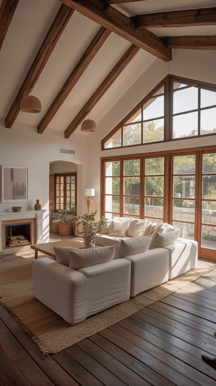 Bright and airy open-concept living room with large windows and wooden beams.