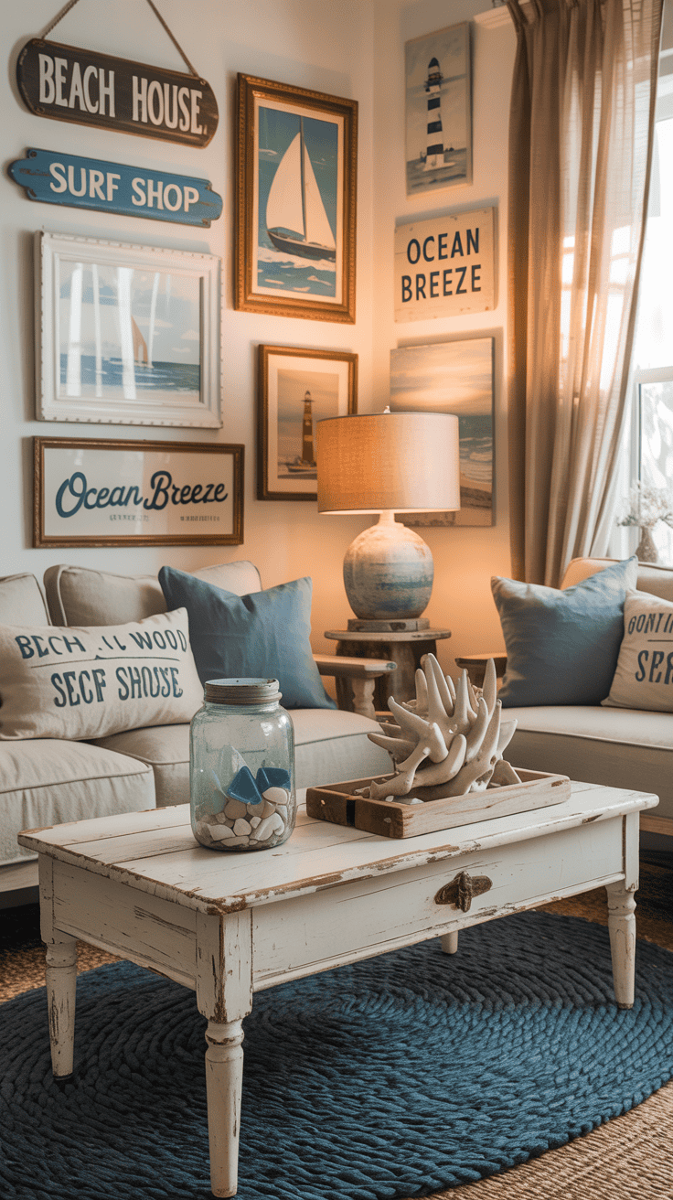 A cozy living room with vintage coastal decor, featuring retro signs and classic beach-themed artwork.