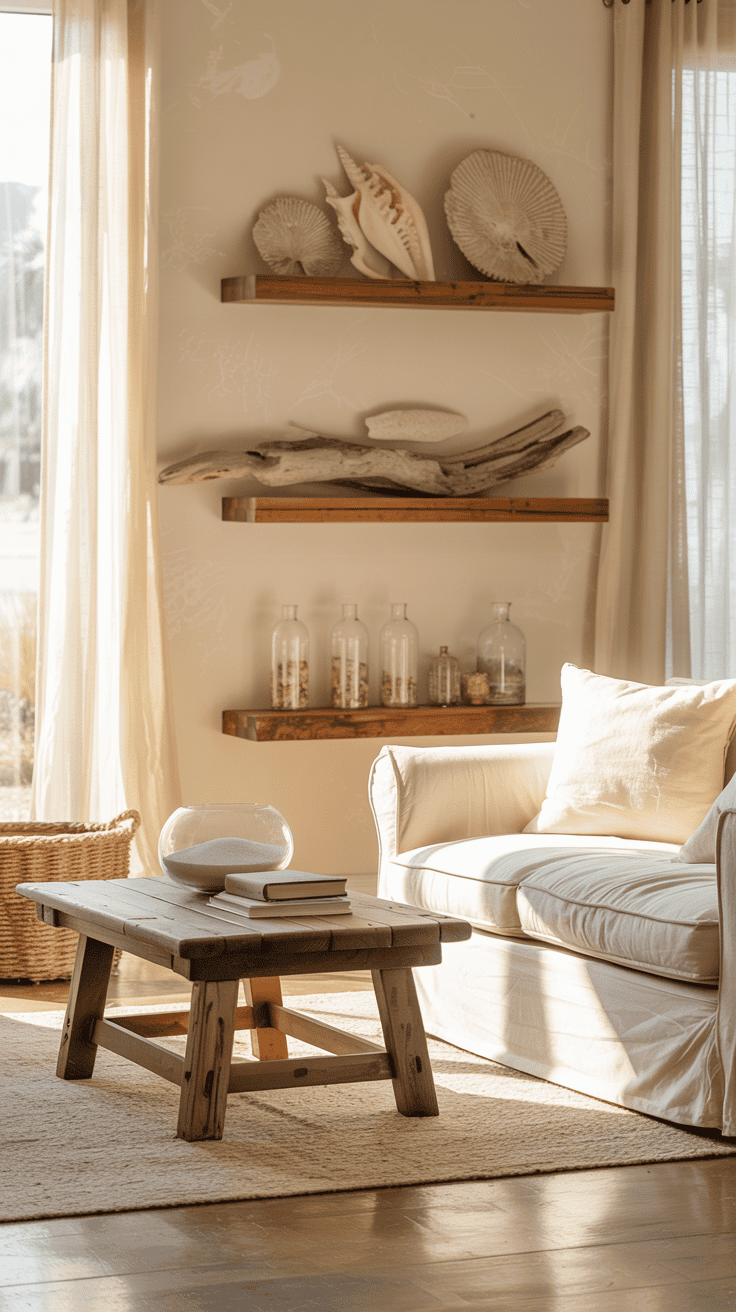 A cozy living room featuring seashell and driftwood accents on shelves, with a light-colored sofa and wooden coffee table.