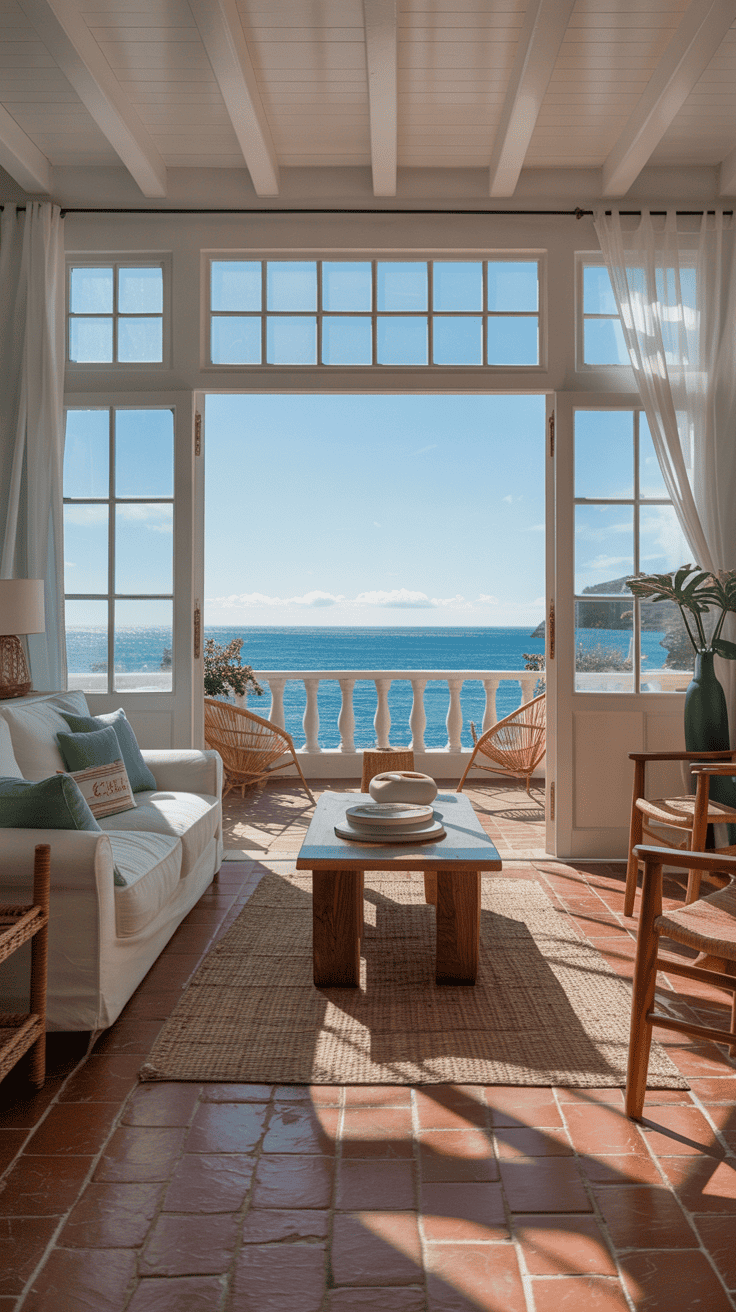 A bright living room with large windows overlooking the ocean.