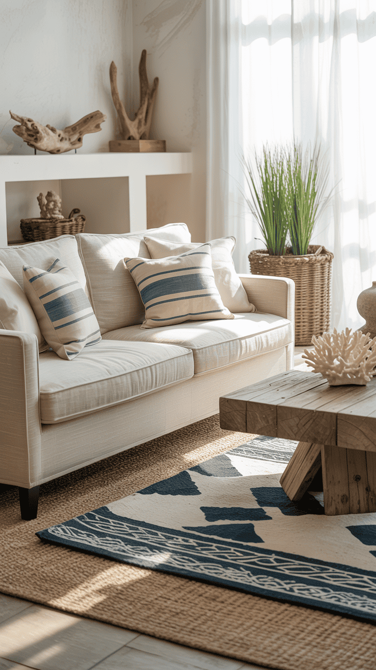 A cozy coastal living room with layered rugs, a light sofa, and natural decor.