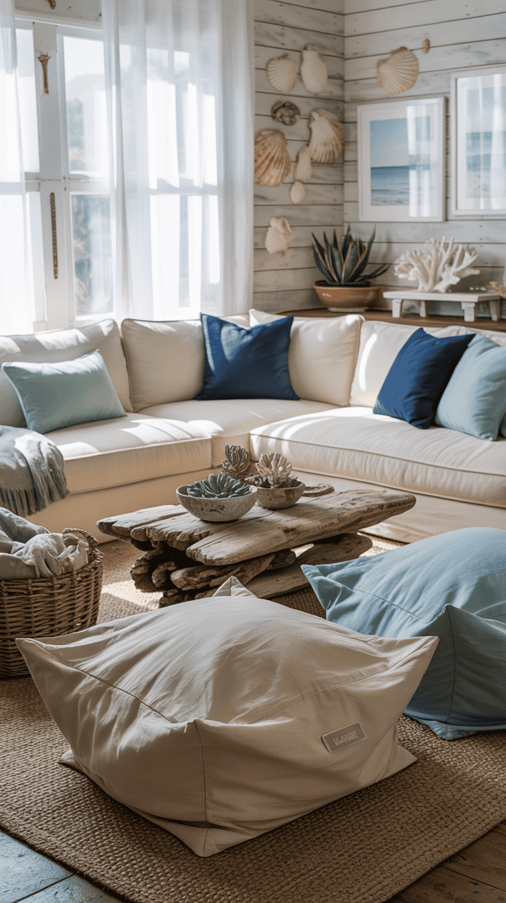 A cozy coastal living room with a sectional sofa and bean bags.