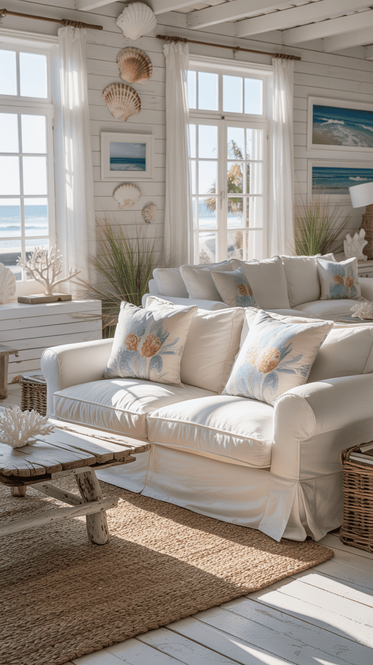 Coastal living room with white sofas, floral cushions, and natural light.