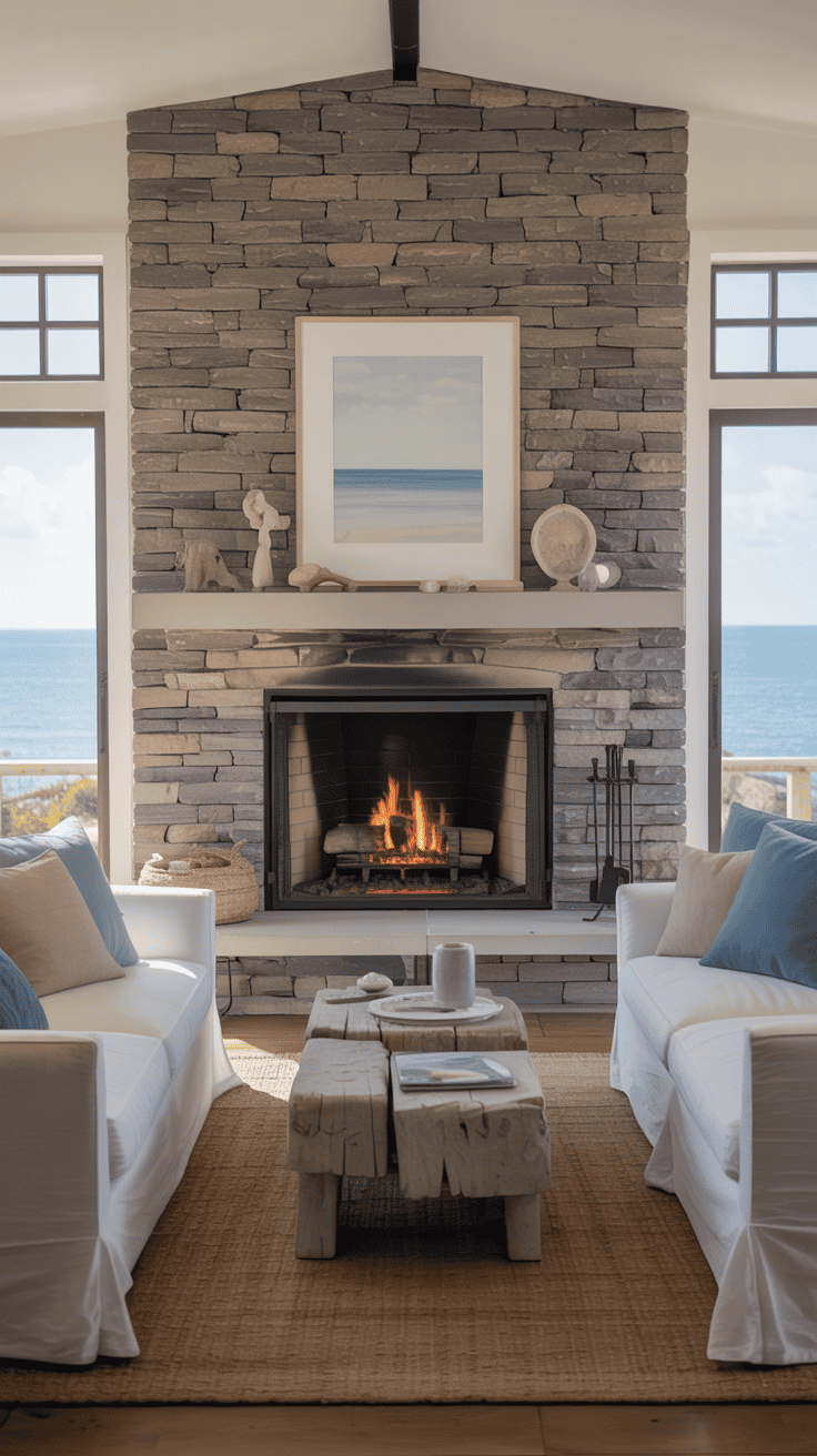 A cozy coastal living room featuring a stone fireplace with a modern design.