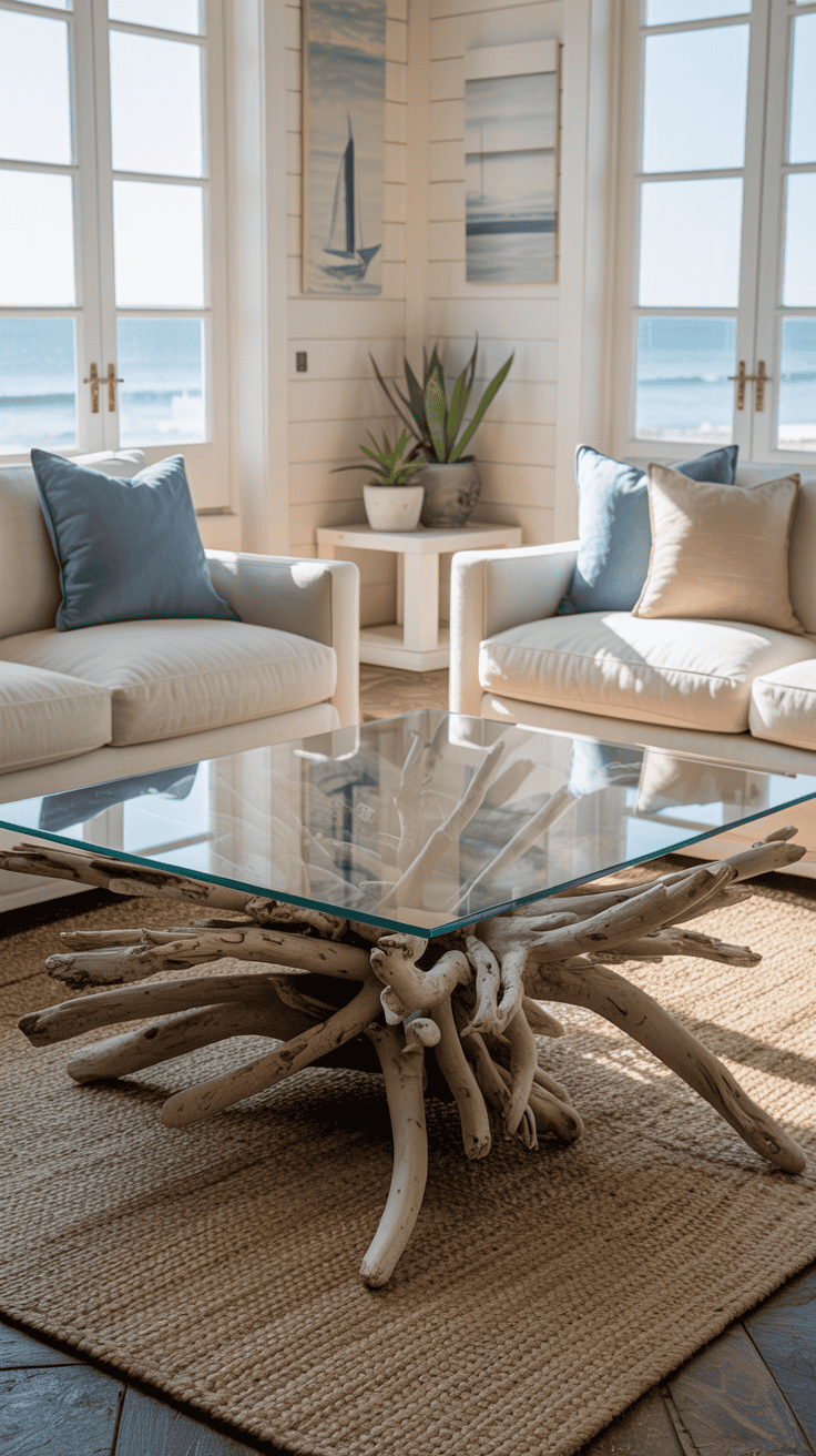 A stylish coastal living room featuring a unique driftwood coffee table with a glass top.