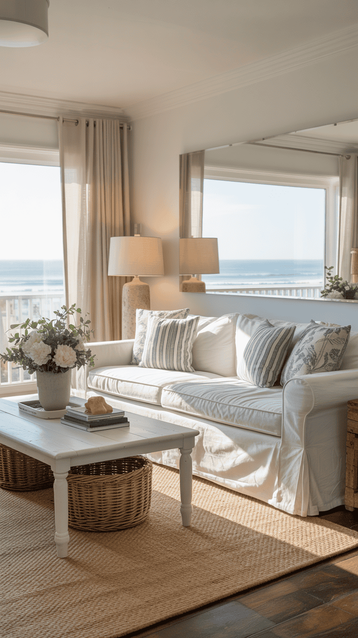 Bright coastal living room with mirrors reflecting light and ocean views.