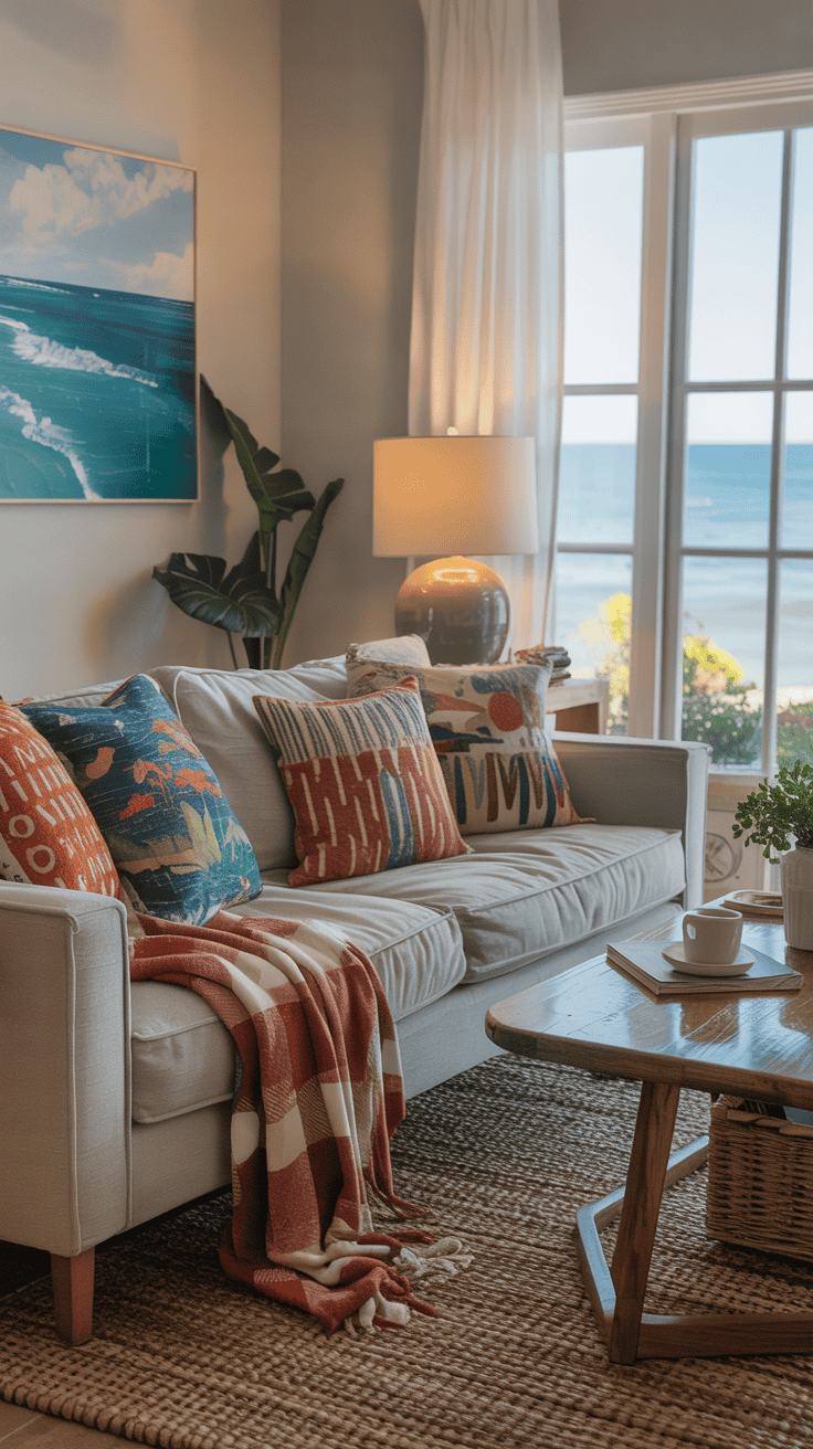 A cozy living room with colorful throw pillows and blankets on a sofa.