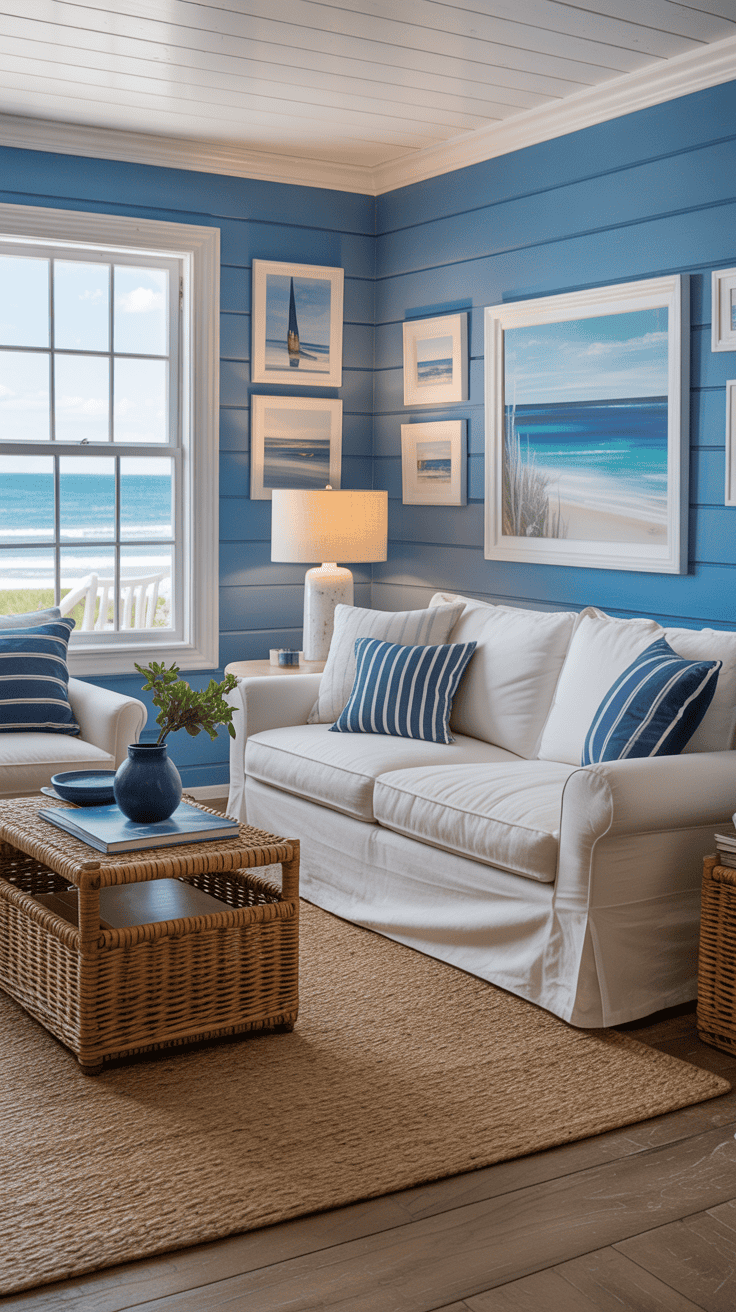A cozy coastal living room featuring blue walls, light furniture, and beach-inspired decor.