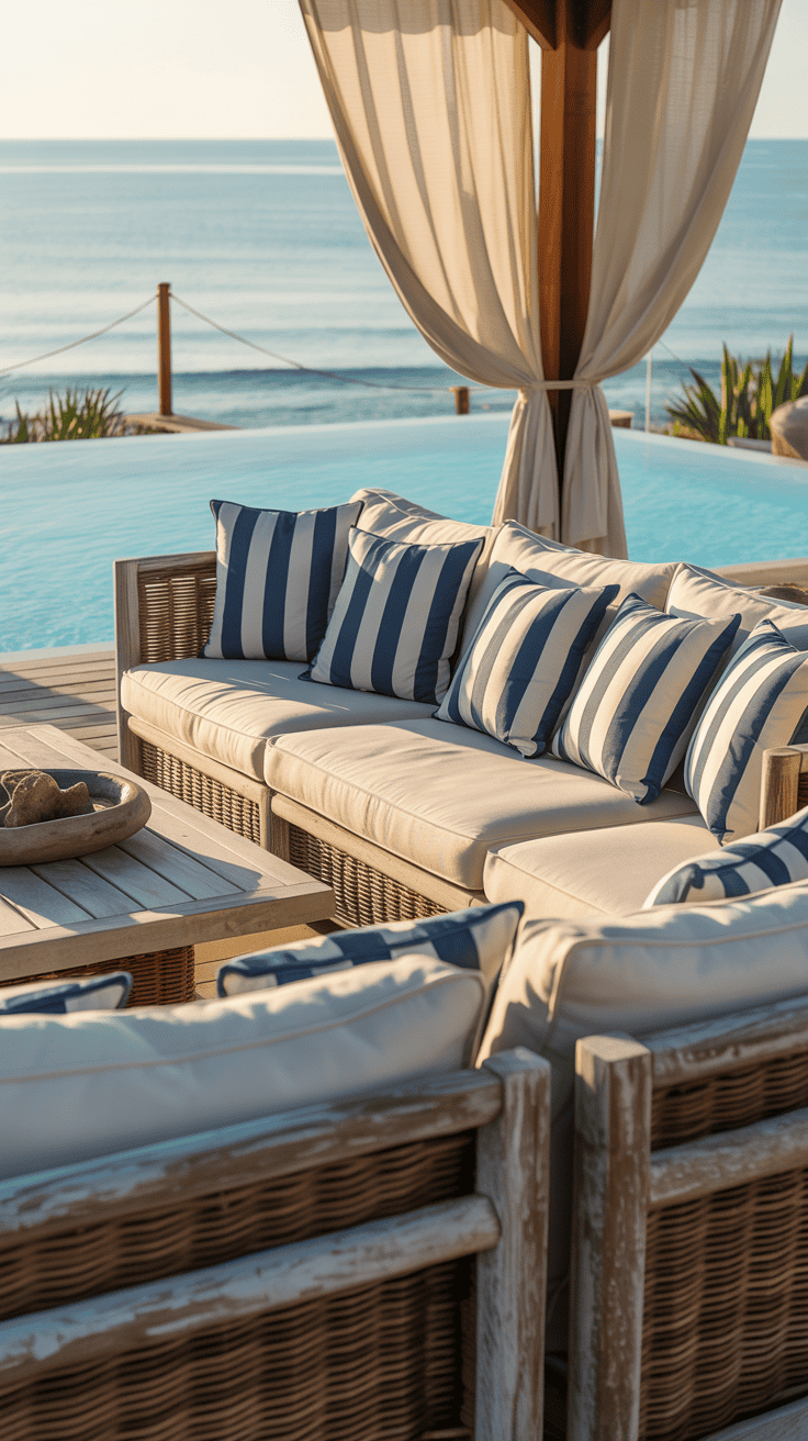 A stylish outdoor living space with a cozy sofa, wooden accents, and a view of a pool.
