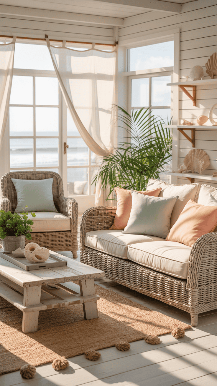 A cozy coastal living room with lightweight furniture, bright colors, and natural elements.