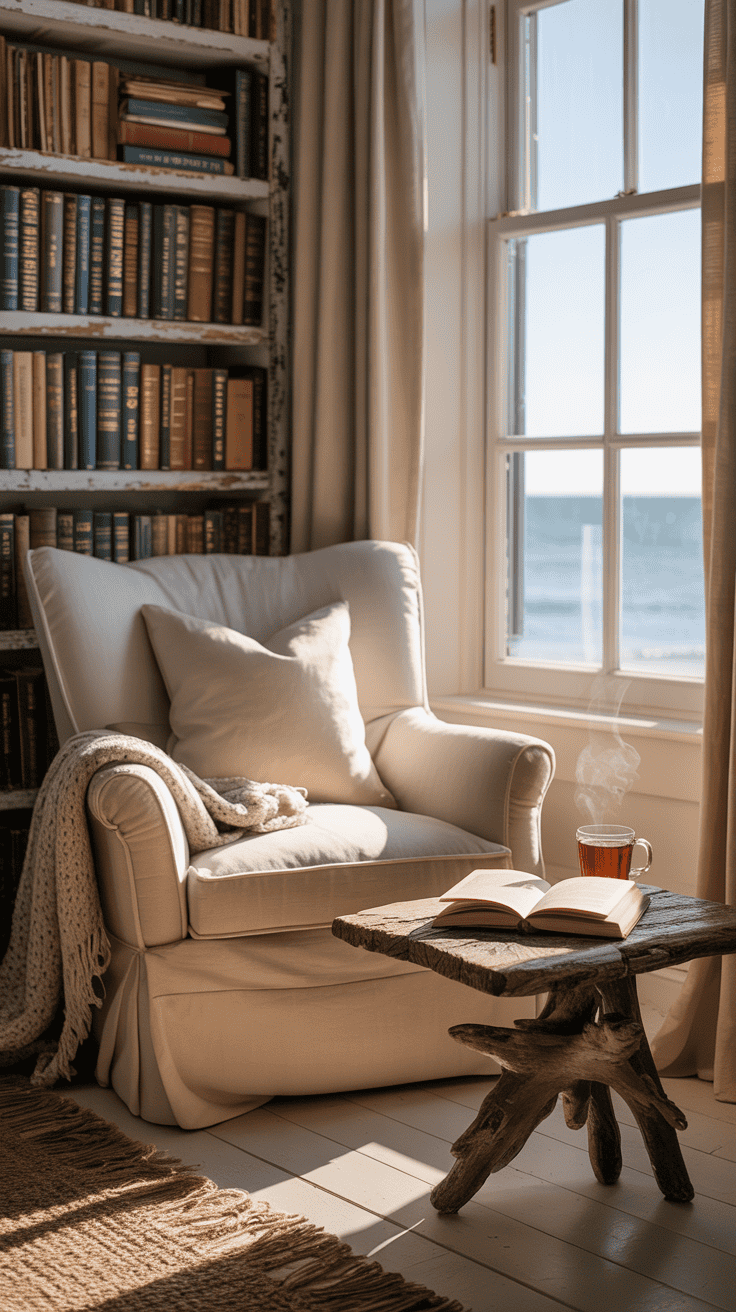 Cozy coastal reading nook with a comfortable chair, bookshelves, and natural light