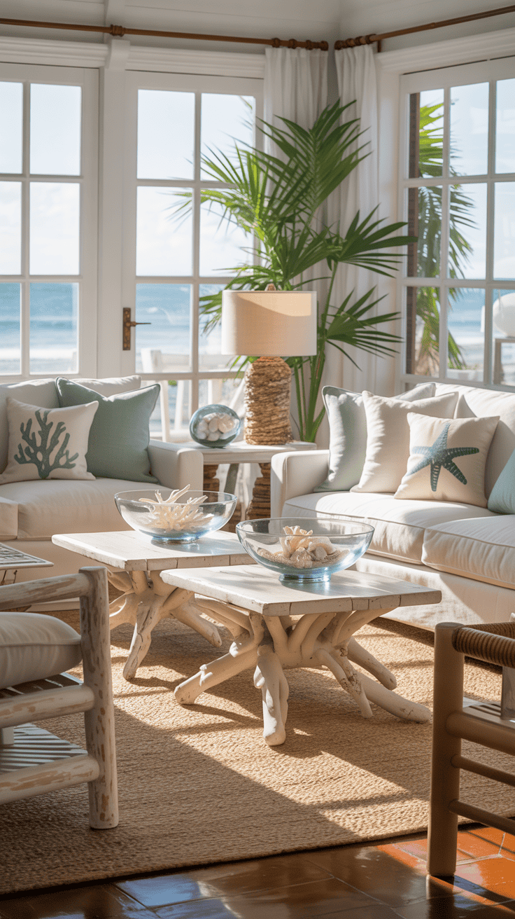 Coastal living room with beach-themed decor and natural elements.
