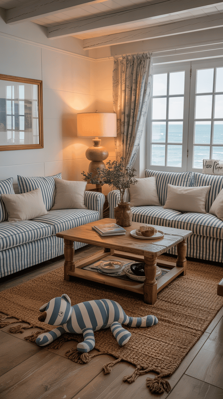 A cozy coastal living room with striped sofas, a wooden coffee table, and a playful stuffed animal on the floor.