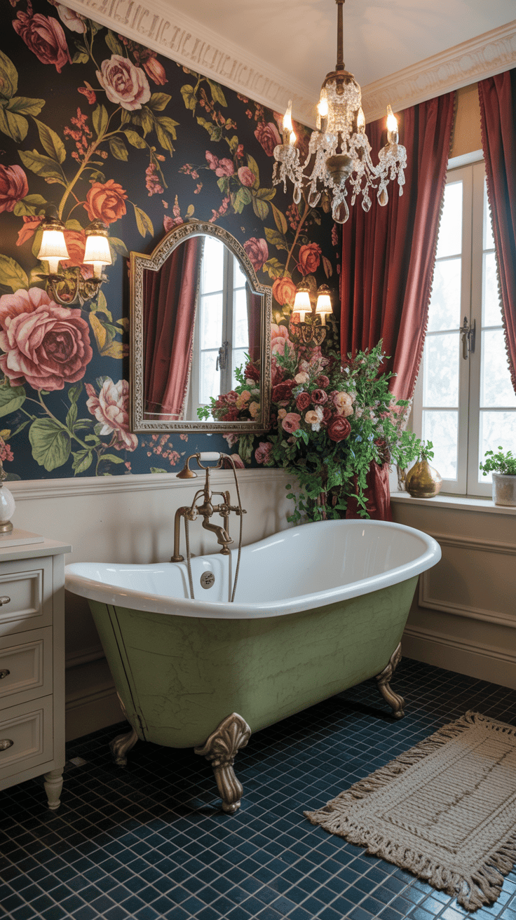 A vintage-inspired freestanding tub in a beautifully decorated bathroom with floral wallpaper and elegant fixtures.
