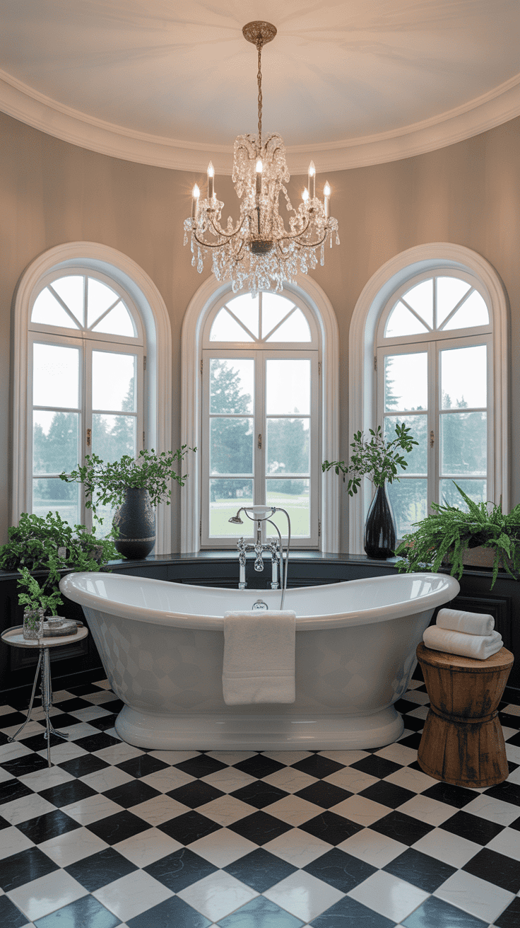 A beautifully designed bathroom featuring a freestanding tub, elegant chandelier, and large windows.