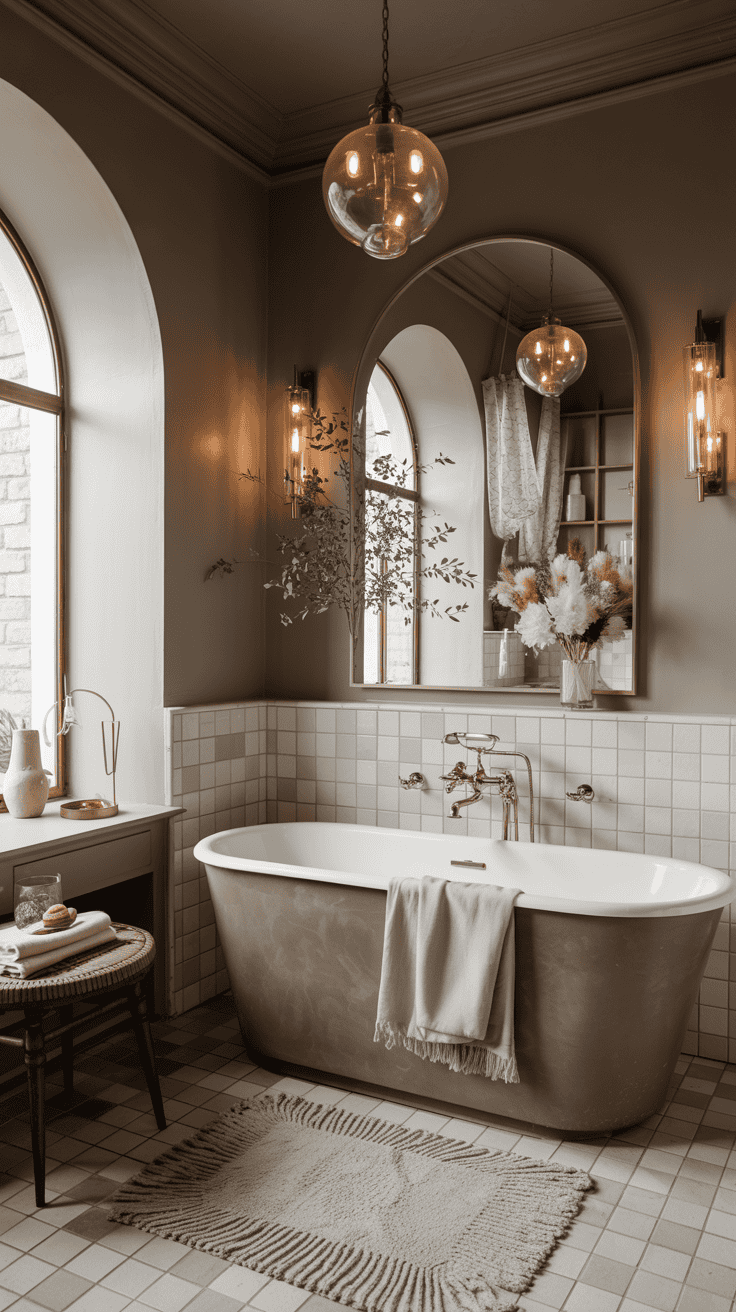 A stylish bathroom featuring a freestanding tub with a warm gray finish, gold fixtures, and elegant decor.