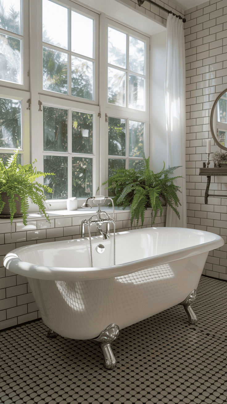 Bright bathroom with a freestanding tub and large windows letting in natural light.