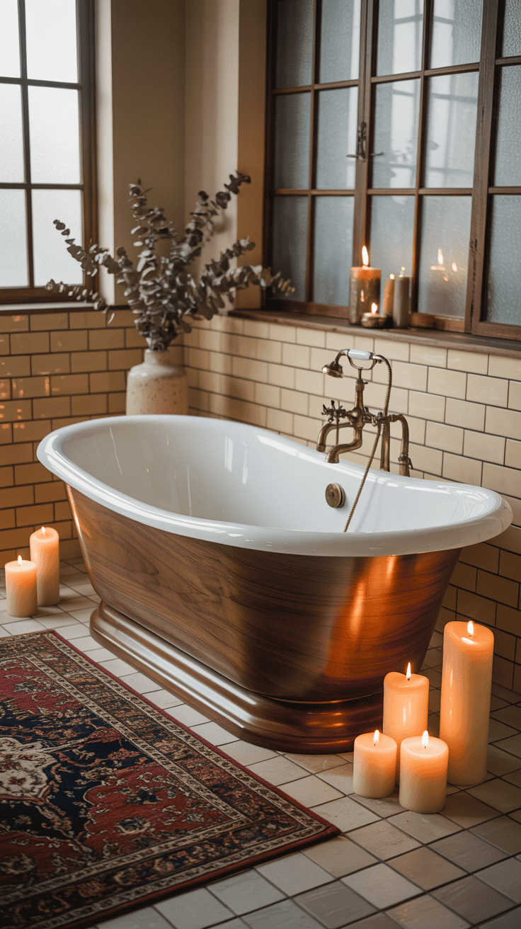 A stylish freestanding tub with a warm wooden base, surrounded by candles and a minimalist decor.