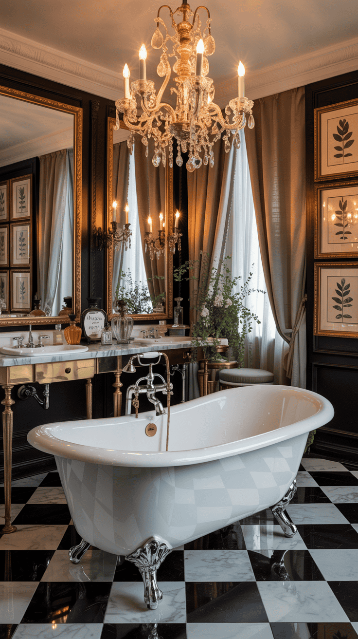 A vintage inspired bathroom with stylish freestanding tub with a chandelier and decorative accessories