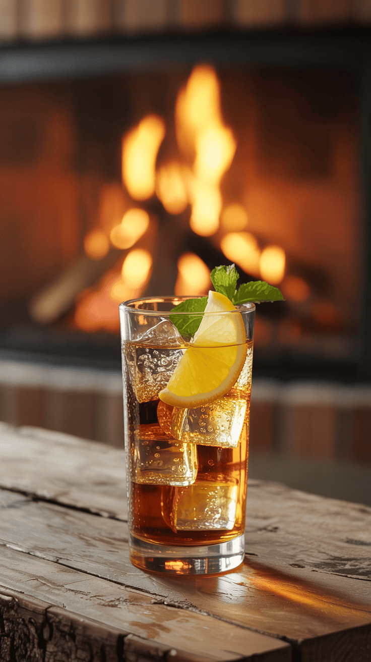 Highball glass of bourbon and ginger ale with a lemon slice and mint sprig on a rustic wooden table in warm, cozy lighting.