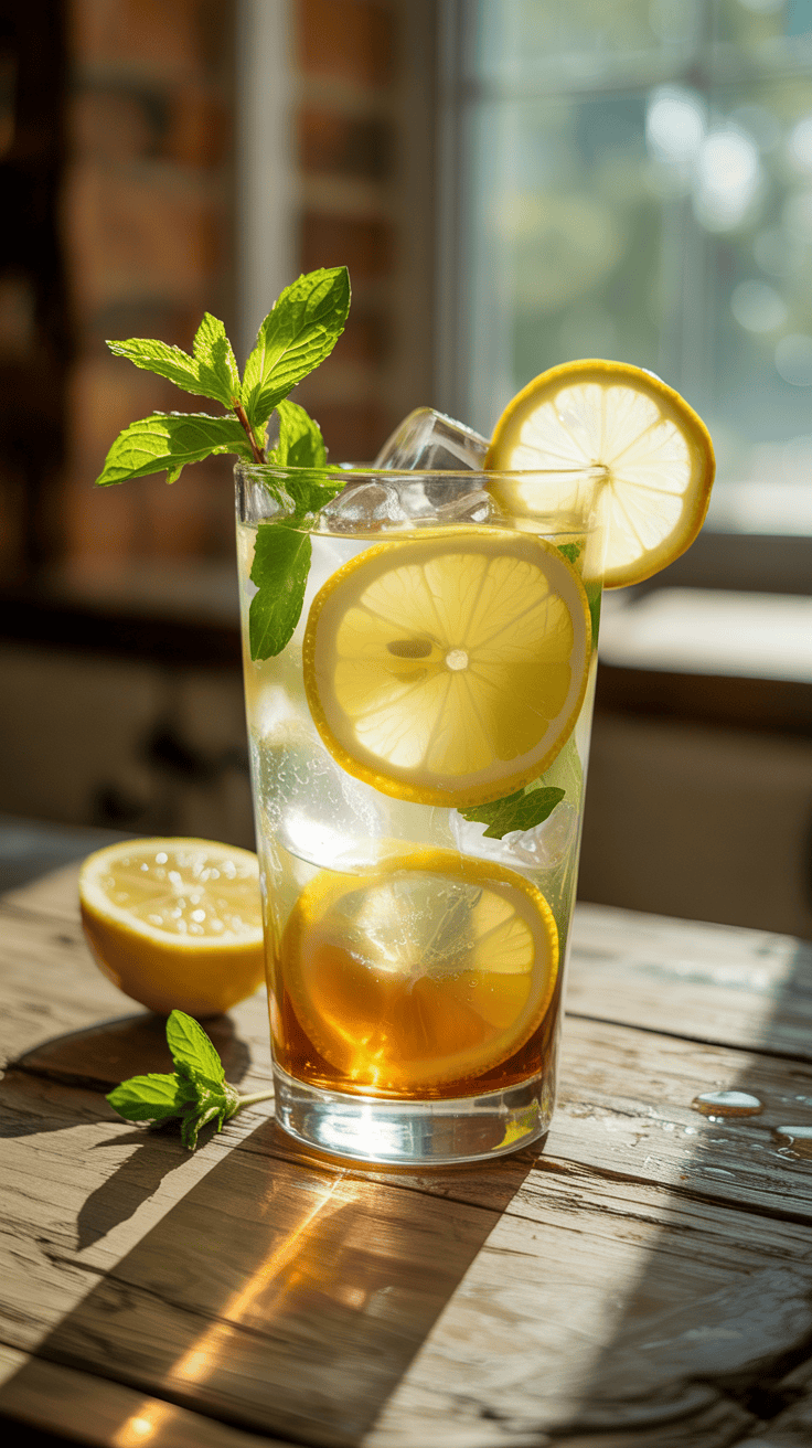 Tall glass of bourbon lemonade with lemon slices and ice, styled in bright natural light on a wooden table.