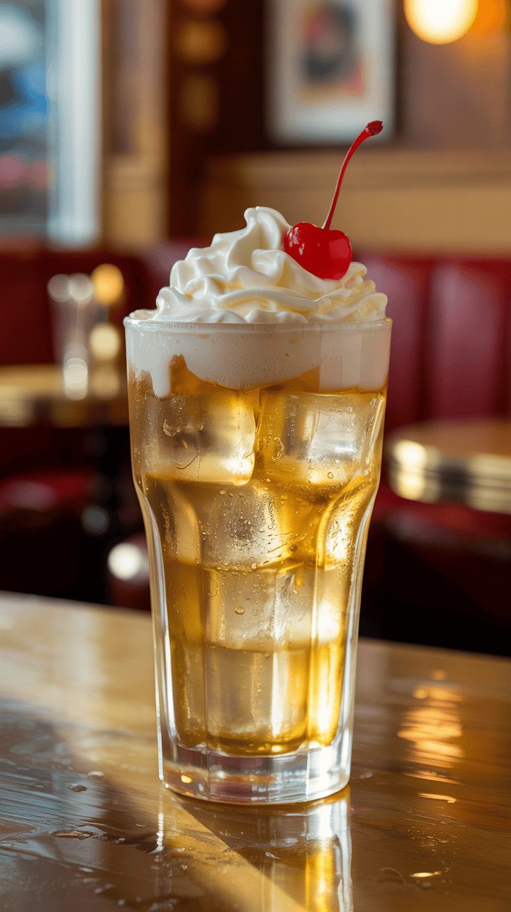 Tall glass of bourbon cream soda topped with whipped cream and a cherry, photographed in warm, cozy lighting.