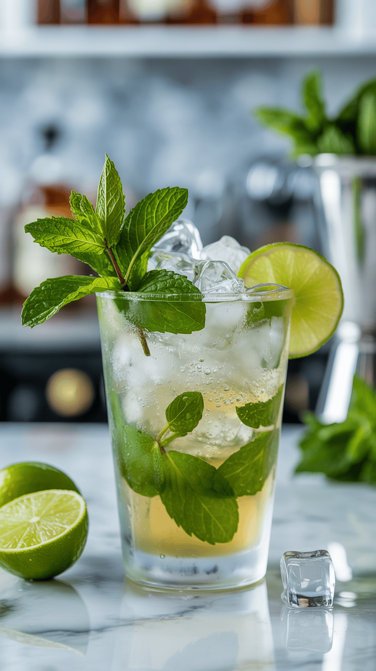 Frosted glass of bourbon mint julep fizz with crushed ice, mint leaves, and lime garnish in a bright, refreshing setting.