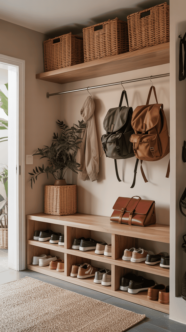 Modern entryway with a stylish open-shelf shoe rack, woven baskets, and hanging rucksacks; warm neutral tones and soft natural light.