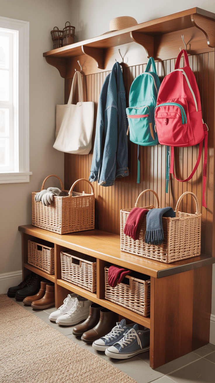 A mudroom featuring a functional bench with storage, showcasing baskets, shoes, and hanging bags.