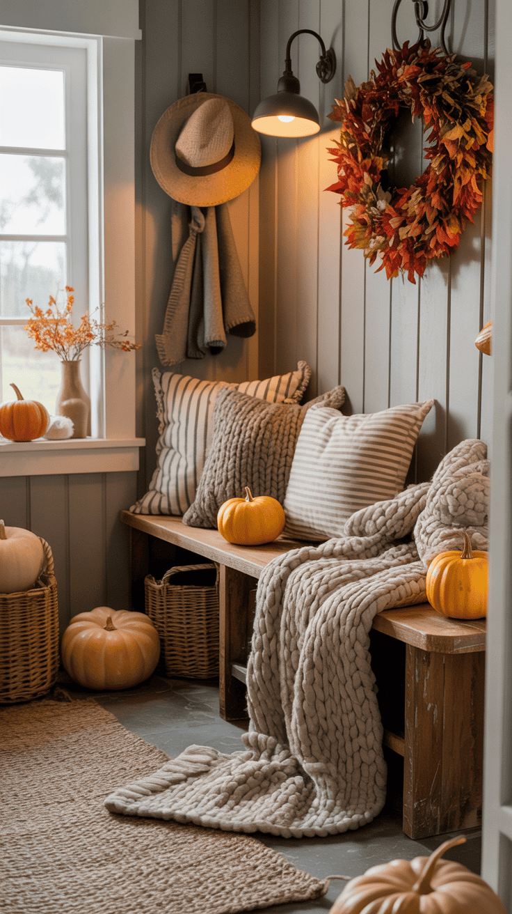 Cozy farmhouse mudroom decorated with small pumpkins, a leafy fall wreath, and thick knitted blankets; soft warm lighting.