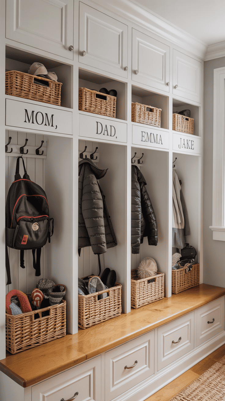 Bright mudroom with built-in lockers, labeled compartments for each family member, and neatly arranged baskets.