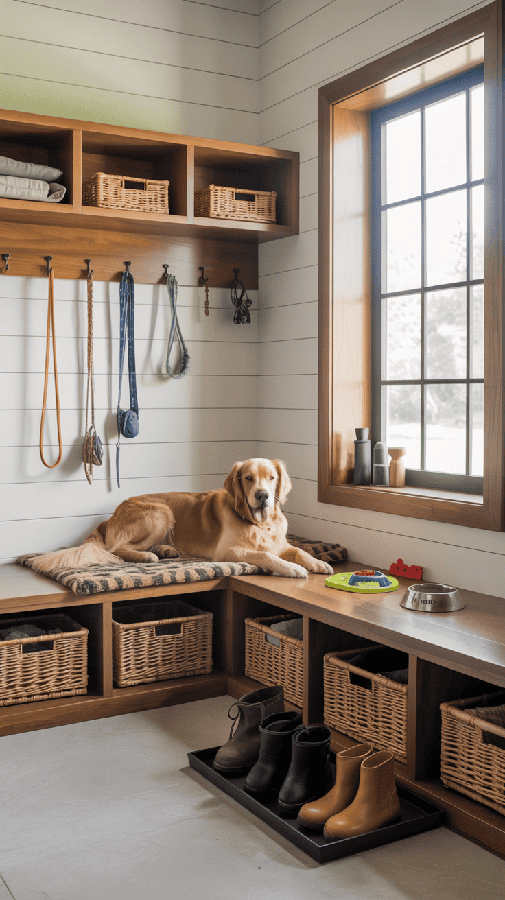 A stylish mudroom featuring a pet station with hooks for leashes, a bench, and a dog resting on a mat.
