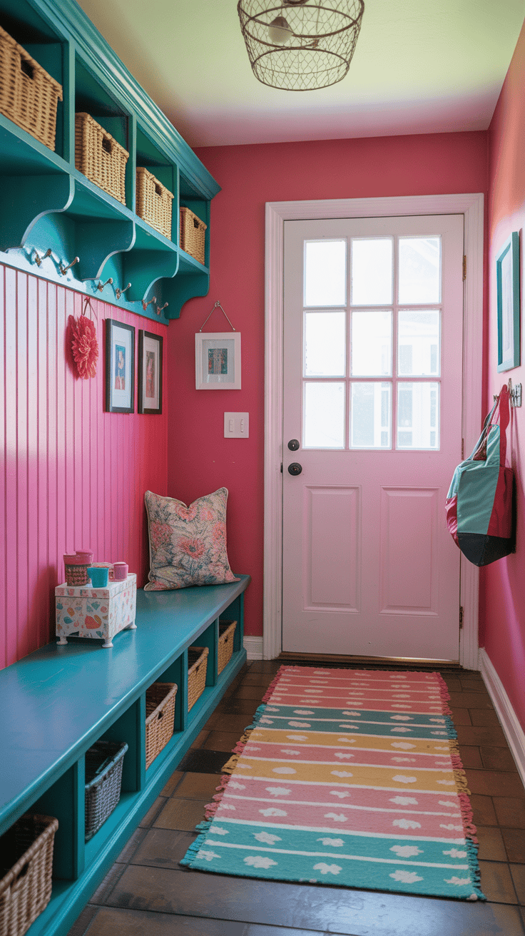 A bright and inviting mudroom with a pink wall, teal storage, and colorful decor.