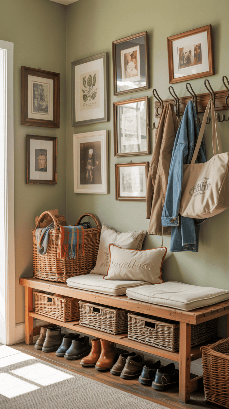 A cozy mudroom with framed artwork, a bench, and personal items.