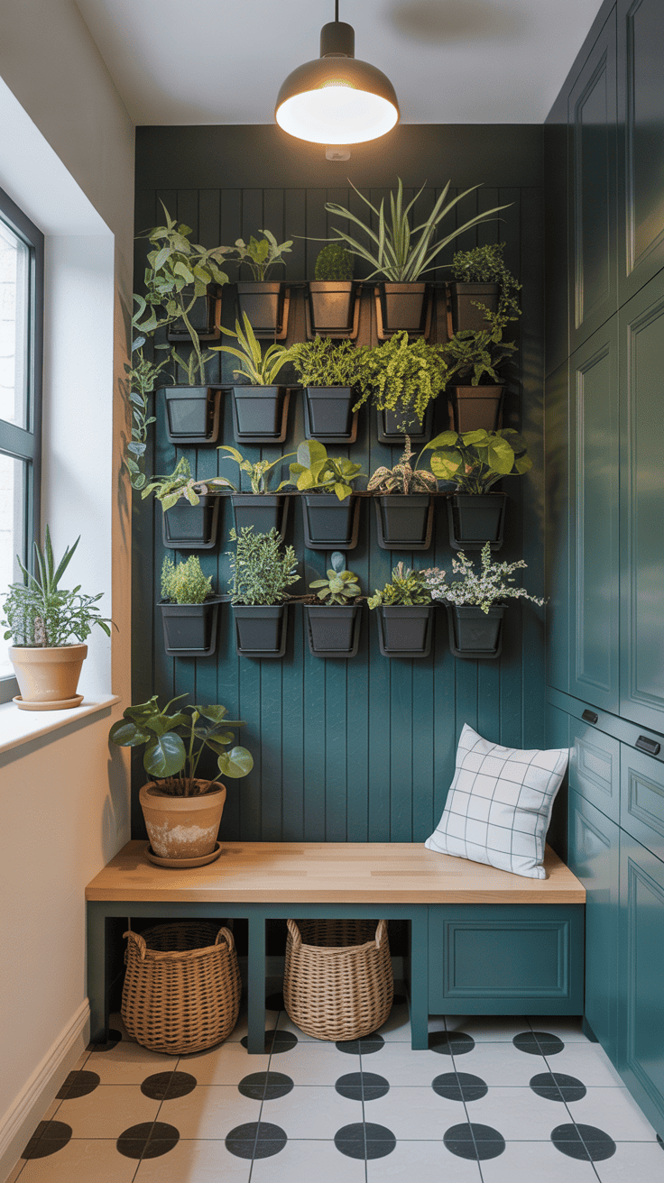Stylish mudroom with a vertical garden wall filled with potted plants; modern fresh aesthetic.