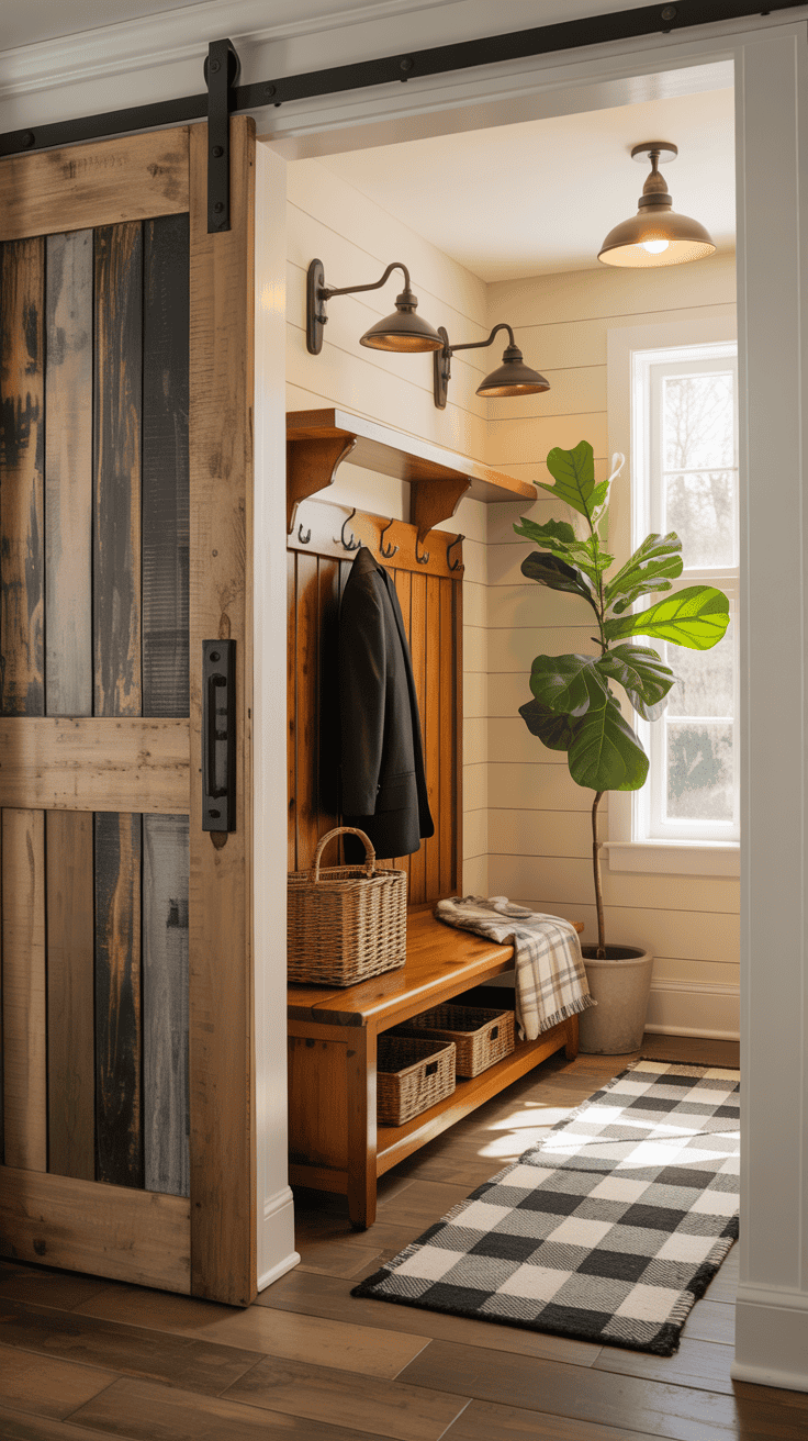 A cozy mudroom entrance featuring a sliding barn door, potted plant, and wooden bench.