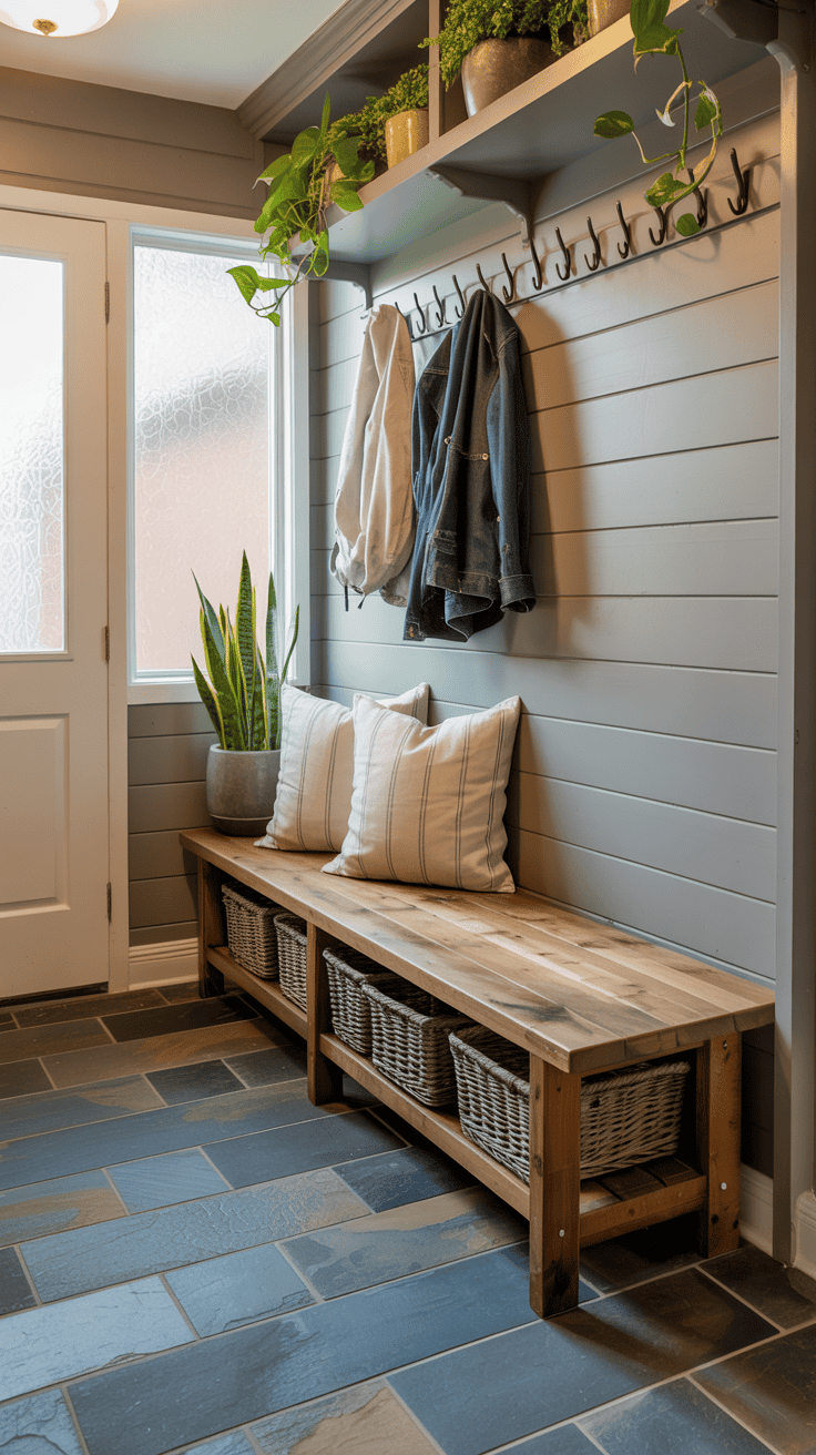 A stylish mudroom with weather-resistant flooring, featuring a wooden bench, plants, and organized storage.
