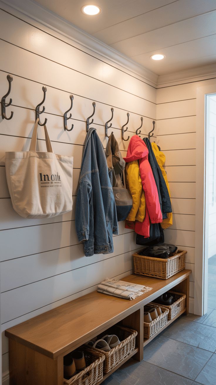 A well-organized mudroom with recessed lighting, hooks for bags and coats, and a bench.