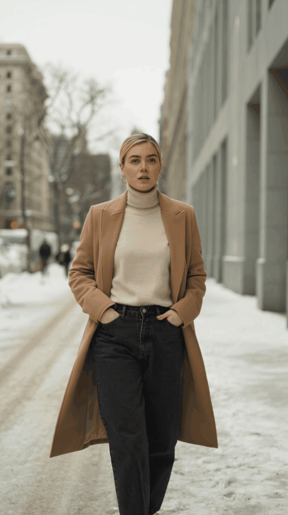 “Chic petite woman in a winter city street scene, wearing a tailored camel coat, slim knit turtleneck, and high-waisted jeans. Soft natural lighting, minimalistic aesthetic, neutral tones, stylish cold-weather look sized for petite proportions.”ALT TEXT:Petite woman in a tailored camel winter coat and high-waisted jeans walking in a neutral-toned city street.”
