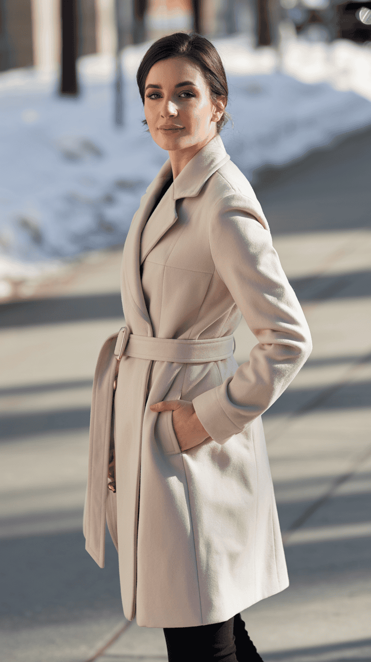 Petite woman wearing a structured belted wool coat in cream, standing on a winter sidewalk. Clean lines, minimal background, soft lighting, elegant and modern chic styling.